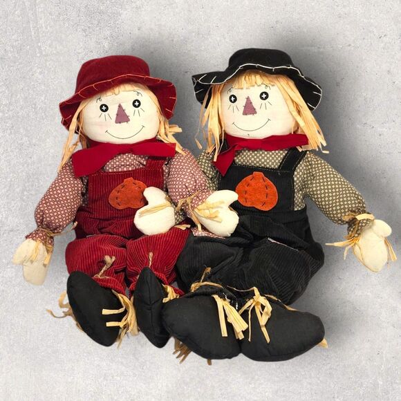Set of 2 Vintage 21" Scarecrow Dolls Fall Harvest Halloween Porch Decor Cottage - Picture 2 of 4